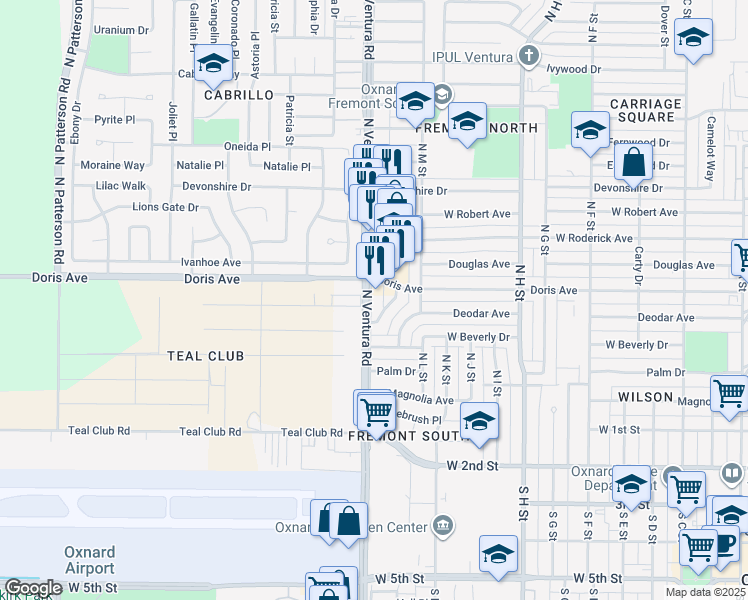 map of restaurants, bars, coffee shops, grocery stores, and more near 526 Ventura Road Frontage Road in Oxnard