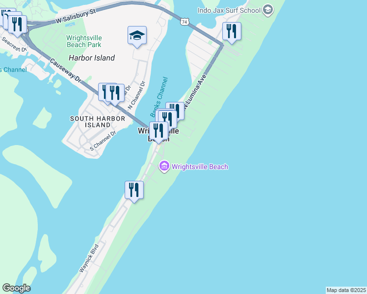 map of restaurants, bars, coffee shops, grocery stores, and more near 17 Stone Street in Wrightsville Beach