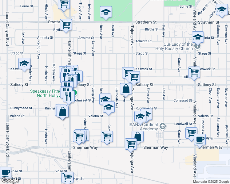 map of restaurants, bars, coffee shops, grocery stores, and more near 7535 Farmdale Avenue in Los Angeles