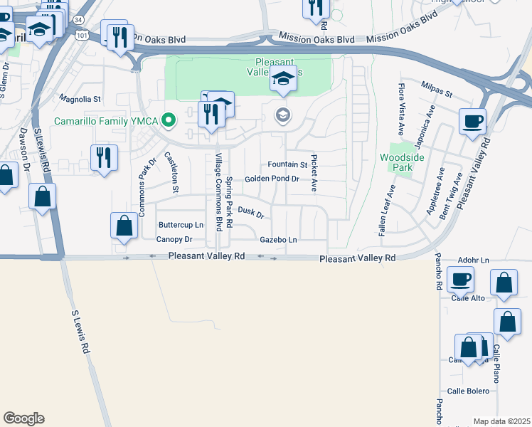 map of restaurants, bars, coffee shops, grocery stores, and more near 3627 Dusk Drive in Camarillo