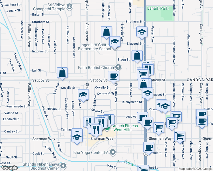 map of restaurants, bars, coffee shops, grocery stores, and more near 22239 Covello Street in Los Angeles