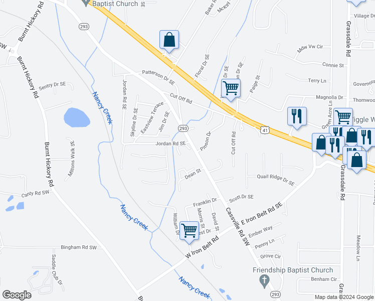map of restaurants, bars, coffee shops, grocery stores, and more near 35 Jordan Road Southeast in Cartersville