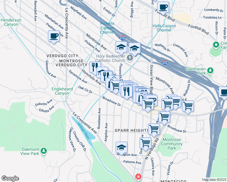 map of restaurants, bars, coffee shops, grocery stores, and more near 2465 Honolulu Avenue in Glendale