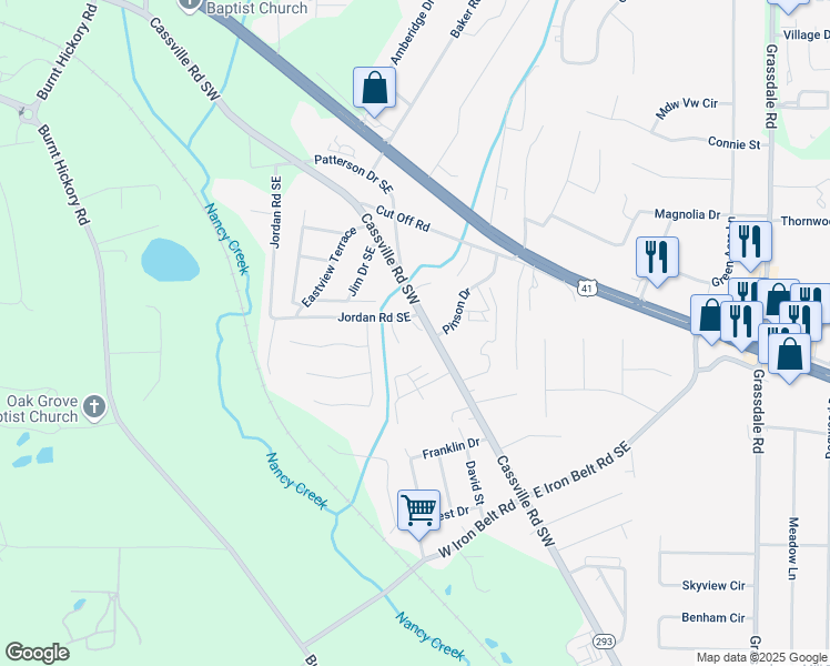 map of restaurants, bars, coffee shops, grocery stores, and more near 37 Jordan Road Southeast in Cartersville