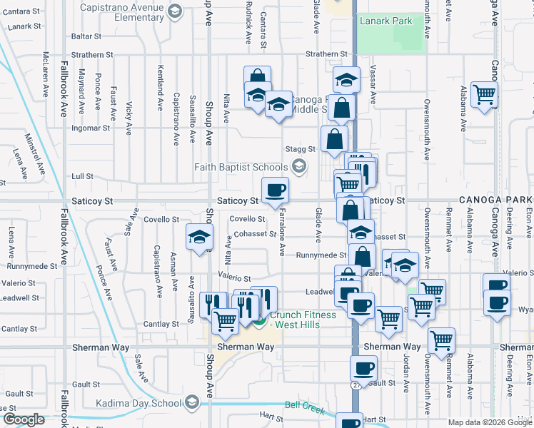 map of restaurants, bars, coffee shops, grocery stores, and more near 22229 Covello Street in Los Angeles