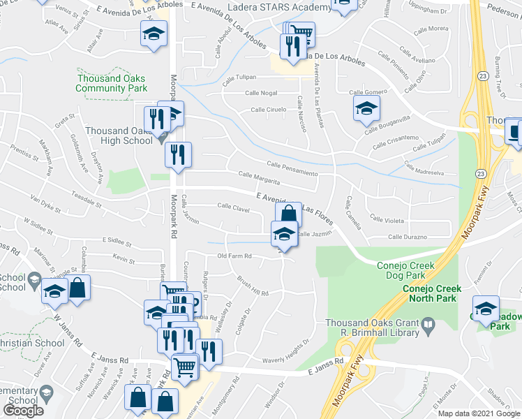 map of restaurants, bars, coffee shops, grocery stores, and more near 891 Calle Clavel in Thousand Oaks