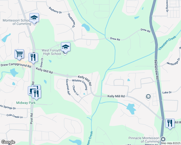 map of restaurants, bars, coffee shops, grocery stores, and more near 4935 Wil Ray Lane in Cumming