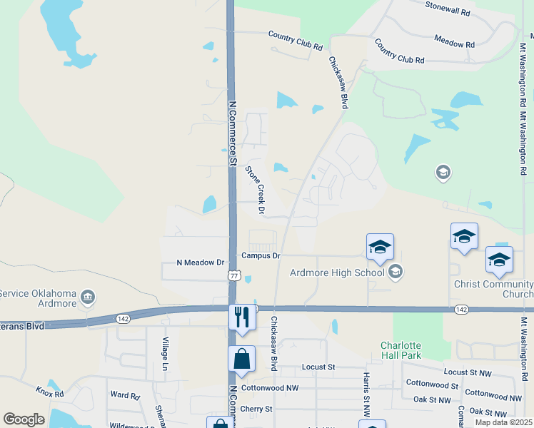 map of restaurants, bars, coffee shops, grocery stores, and more near 3101 Stone Creek Drive in Ardmore