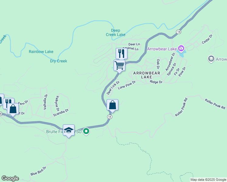 map of restaurants, bars, coffee shops, grocery stores, and more near 32825 Lone Pine Drive in Running Springs