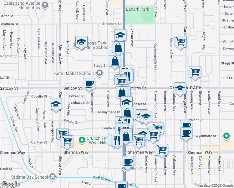 map of restaurants, bars, coffee shops, grocery stores, and more near 22027 Covello Street in Los Angeles