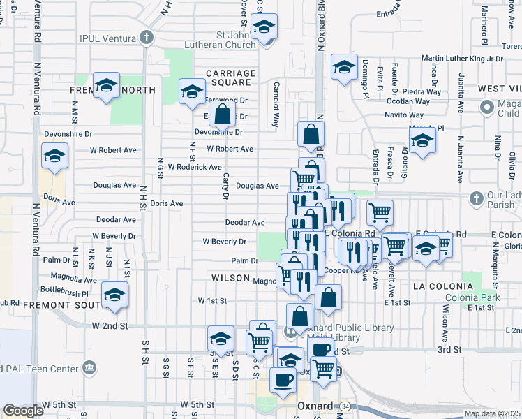 map of restaurants, bars, coffee shops, grocery stores, and more near 530 North C Street in Oxnard