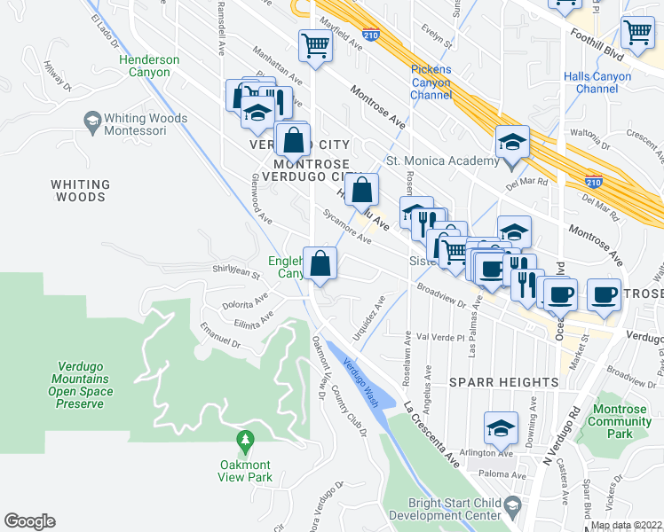 map of restaurants, bars, coffee shops, grocery stores, and more near 1271 Oak Circle Drive in Glendale