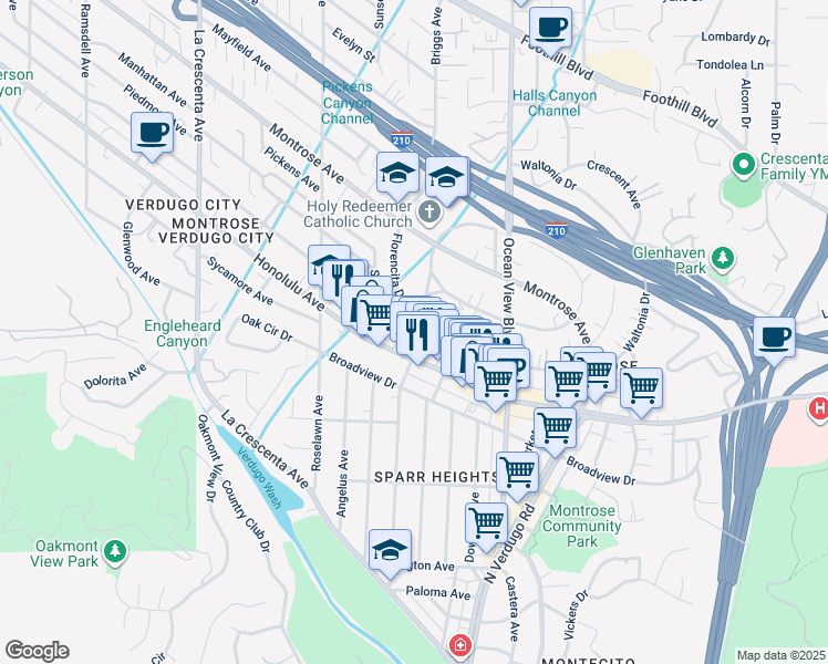 map of restaurants, bars, coffee shops, grocery stores, and more near 3824 Orangedale Avenue in La Crescenta-Montrose