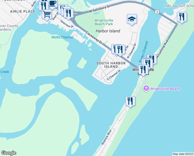 map of restaurants, bars, coffee shops, grocery stores, and more near 24 Shore Drive in Wrightsville Beach