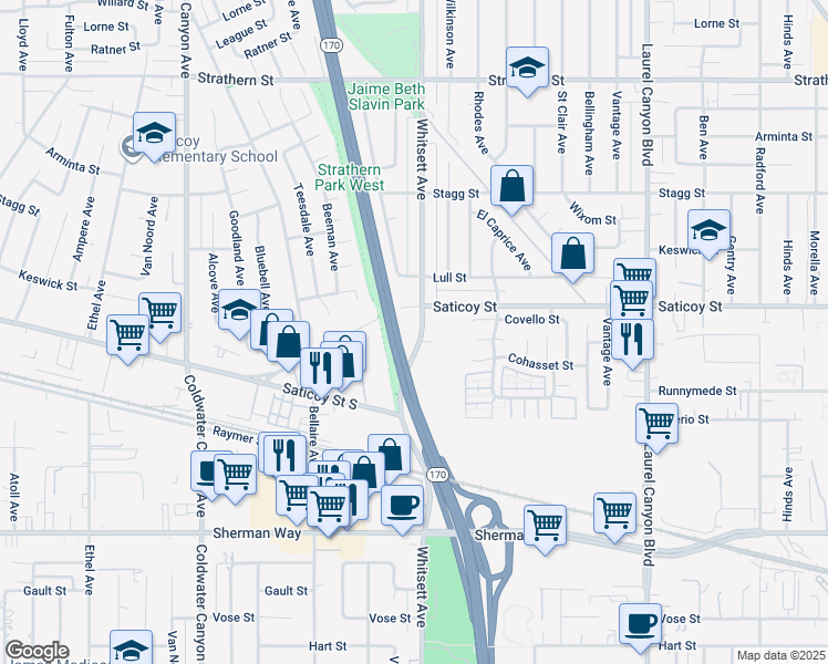 map of restaurants, bars, coffee shops, grocery stores, and more near 7545 Whitsett Avenue in Los Angeles
