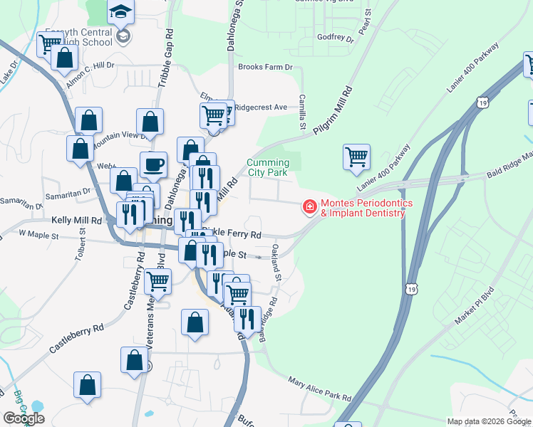 map of restaurants, bars, coffee shops, grocery stores, and more near 138 Eastern Circle in Cumming