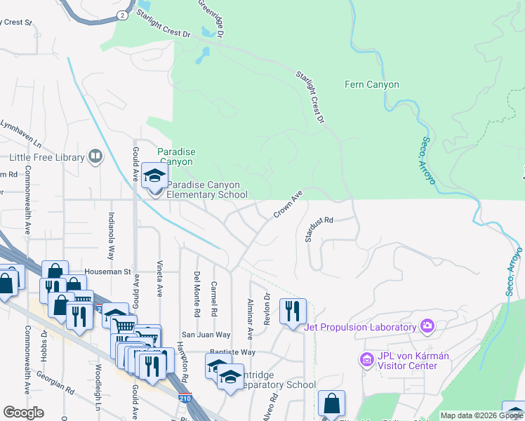 map of restaurants, bars, coffee shops, grocery stores, and more near 320 Noren Street in La Cañada Flintridge