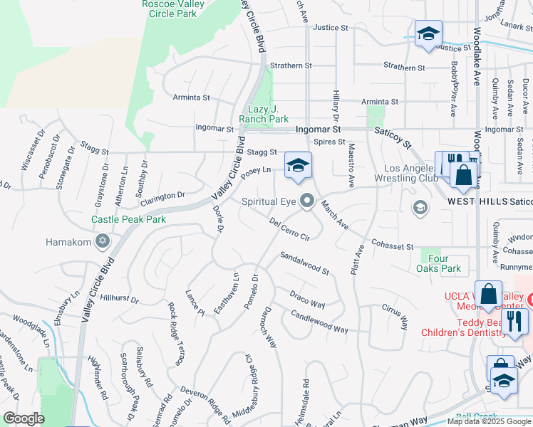 map of restaurants, bars, coffee shops, grocery stores, and more near 7503 Linley Lane in Los Angeles