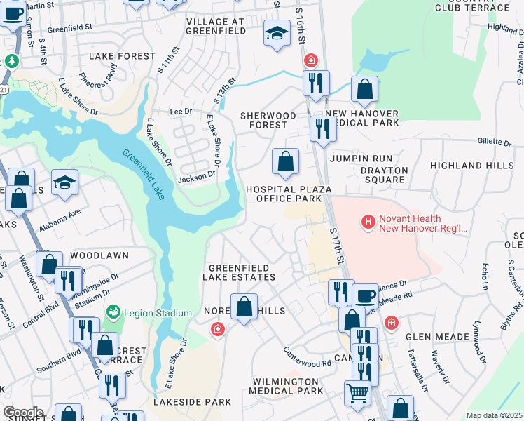 map of restaurants, bars, coffee shops, grocery stores, and more near 2035 East Lake Shore Drive in Wilmington