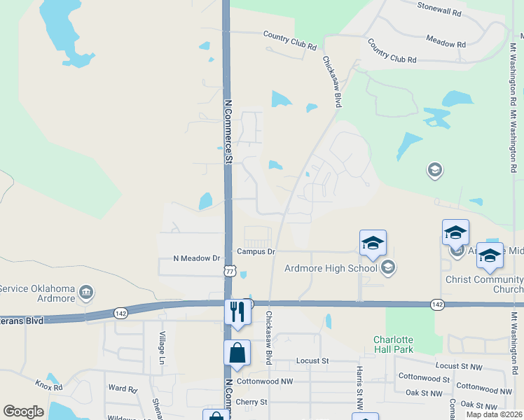 map of restaurants, bars, coffee shops, grocery stores, and more near 3101 Stone Creek Drive in Ardmore