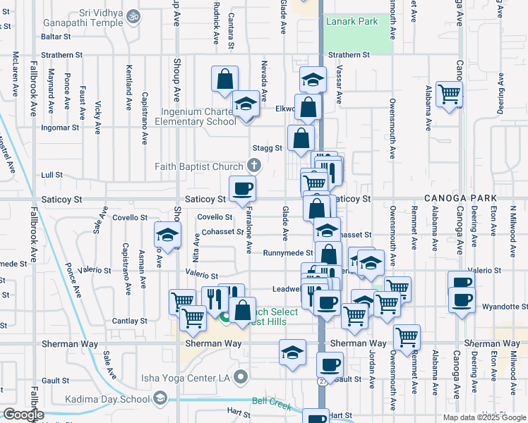 map of restaurants, bars, coffee shops, grocery stores, and more near 22139 Covello Street in Los Angeles