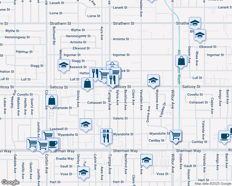 map of restaurants, bars, coffee shops, grocery stores, and more near 7541 Sylvia Avenue in Los Angeles