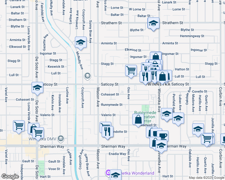 map of restaurants, bars, coffee shops, grocery stores, and more near 20404 Saticoy Street in Winnetka