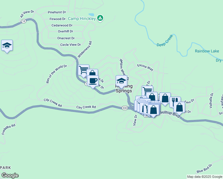 map of restaurants, bars, coffee shops, grocery stores, and more near 31734 Hilltop Boulevard in Running Springs