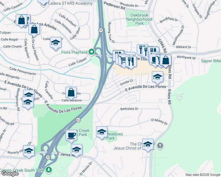 map of restaurants, bars, coffee shops, grocery stores, and more near 1693 Orinda Court in Thousand Oaks