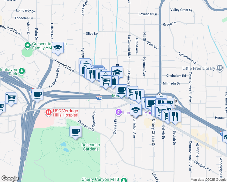 map of restaurants, bars, coffee shops, grocery stores, and more near 1313 Foothill Boulevard in La Cañada Flintridge