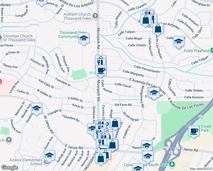 map of restaurants, bars, coffee shops, grocery stores, and more near 640 Calle Clavel in Thousand Oaks