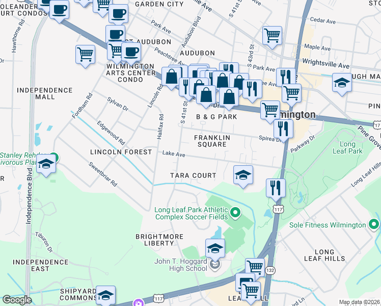 map of restaurants, bars, coffee shops, grocery stores, and more near 4129 Lake Avenue in Wilmington