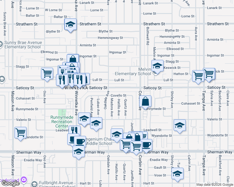 map of restaurants, bars, coffee shops, grocery stores, and more near 19835 Covello Street in Los Angeles