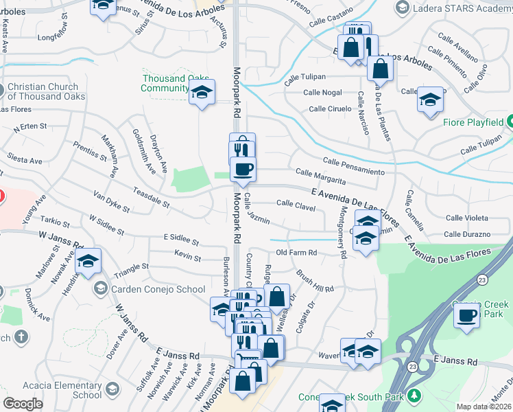 map of restaurants, bars, coffee shops, grocery stores, and more near 640 Calle Clavel in Thousand Oaks