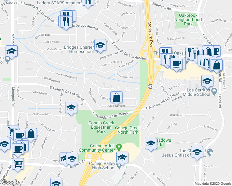map of restaurants, bars, coffee shops, grocery stores, and more near 1390 Calle Pensamiento in Thousand Oaks