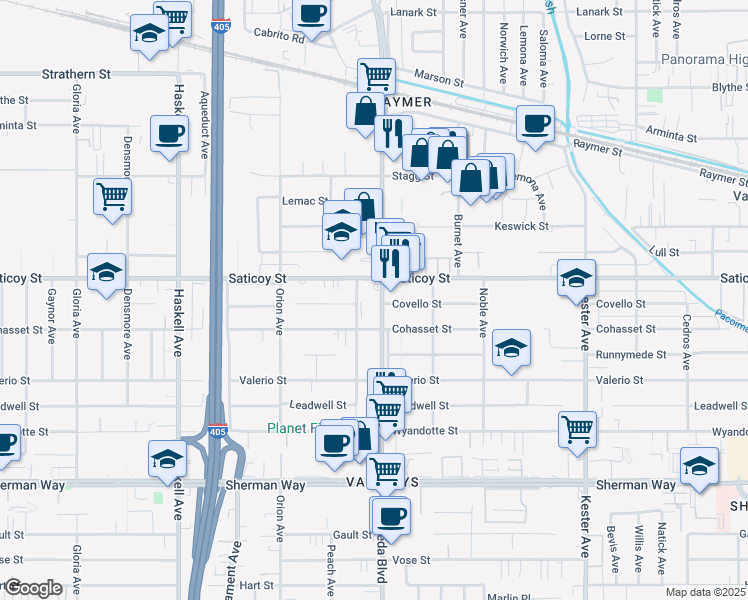 map of restaurants, bars, coffee shops, grocery stores, and more near 7550 Zombar Avenue in Los Angeles