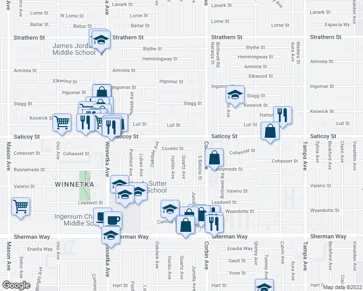 map of restaurants, bars, coffee shops, grocery stores, and more near 19803 Covello Street in Los Angeles