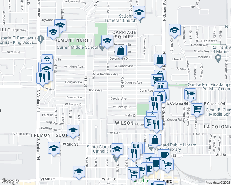 map of restaurants, bars, coffee shops, grocery stores, and more near 640 Doris Avenue in Oxnard