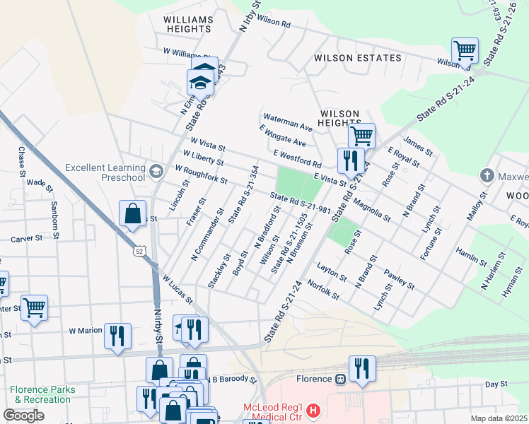 map of restaurants, bars, coffee shops, grocery stores, and more near 712 Stackley Street in Florence