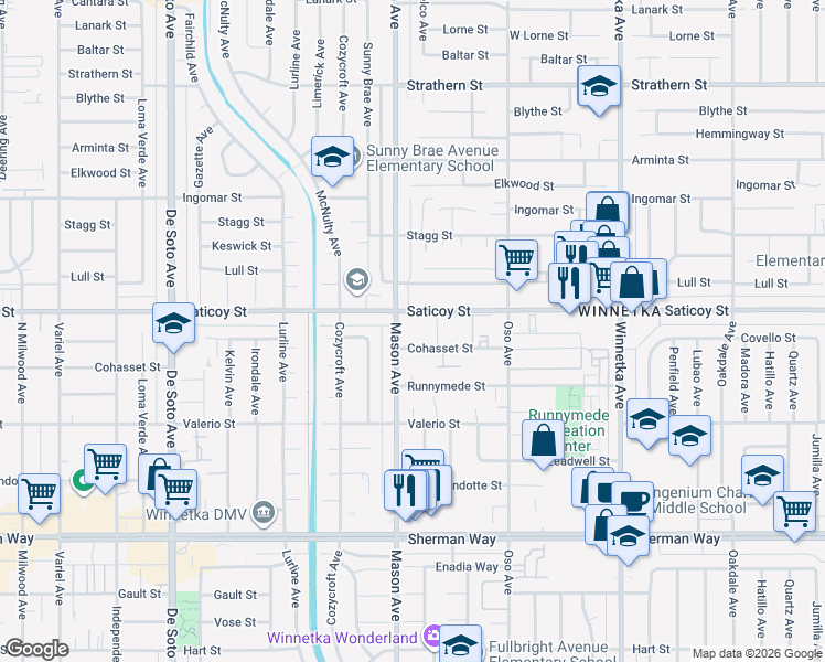 map of restaurants, bars, coffee shops, grocery stores, and more near 20456 Saticoy Street in Los Angeles