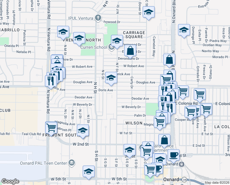 map of restaurants, bars, coffee shops, grocery stores, and more near in Oxnard