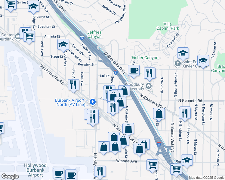 map of restaurants, bars, coffee shops, grocery stores, and more near 9912 Covello Street in Burbank