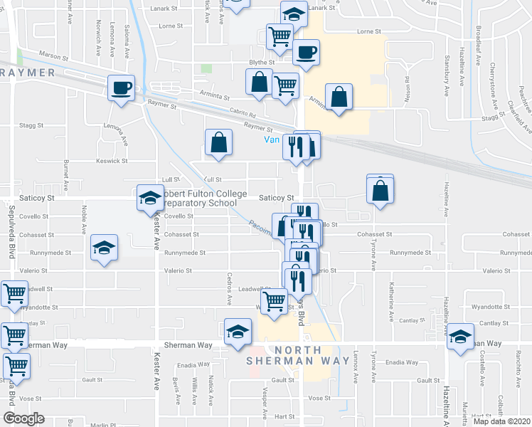 map of restaurants, bars, coffee shops, grocery stores, and more near 7501 Van Nuys Boulevard in Los Angeles