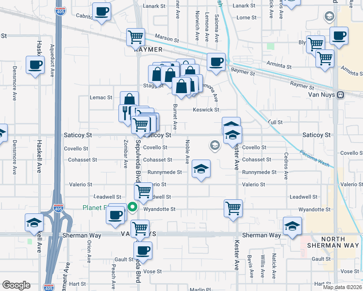 map of restaurants, bars, coffee shops, grocery stores, and more near 15114 Covello Street in Los Angeles