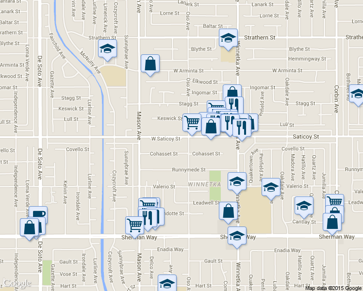 map of restaurants, bars, coffee shops, grocery stores, and more near 20326 Saticoy Street in Los Angeles