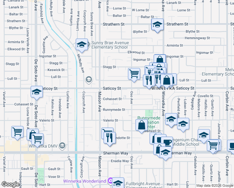 map of restaurants, bars, coffee shops, grocery stores, and more near 20414 Saticoy Street in Los Angeles
