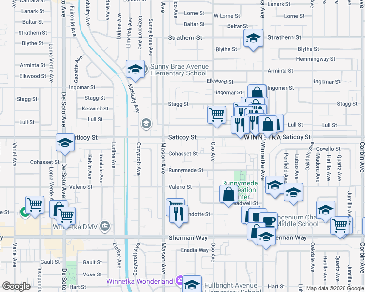 map of restaurants, bars, coffee shops, grocery stores, and more near 20414 Saticoy Street in Los Angeles
