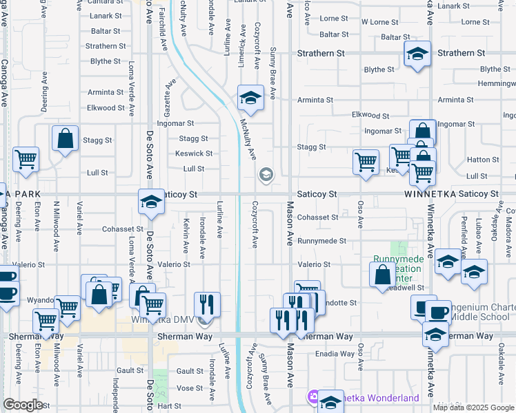 map of restaurants, bars, coffee shops, grocery stores, and more near 20617 Covello Street in Los Angeles