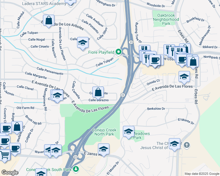 map of restaurants, bars, coffee shops, grocery stores, and more near 1433 Calle Violeta in Thousand Oaks