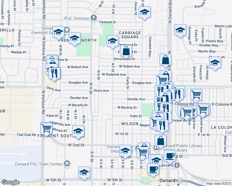 map of restaurants, bars, coffee shops, grocery stores, and more near 640 Doris Avenue in Oxnard